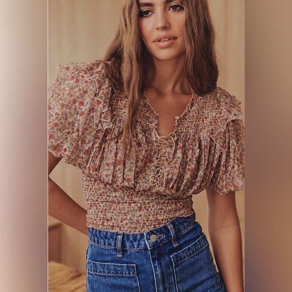Free People Tops - Free People Beatrice Floral Print Brown Lace Up Puff Sleeve Blouse
Top Size S